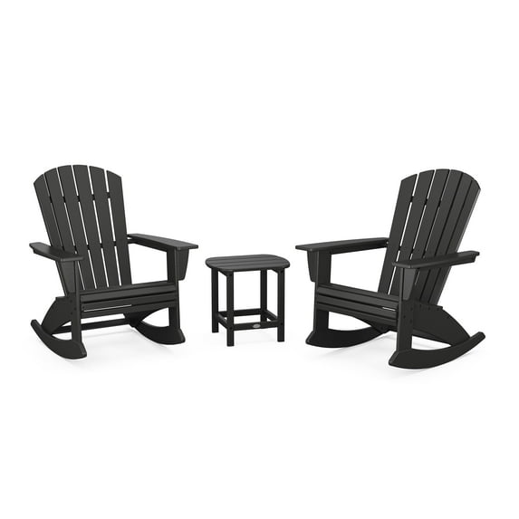 POLYWOOD Nautical Curveback 3-Piece Adirondack Rocking Chair Set in Black