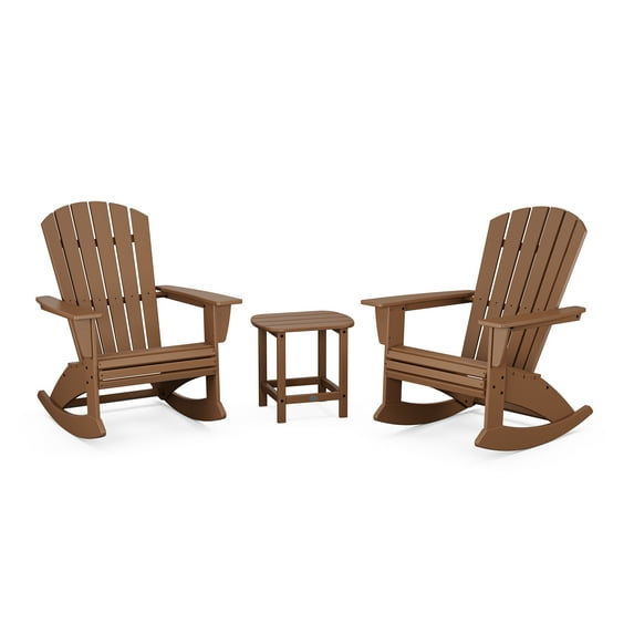 POLYWOOD Nautical Curveback 3-Piece Adirondack Rocking Chair Set in Teak