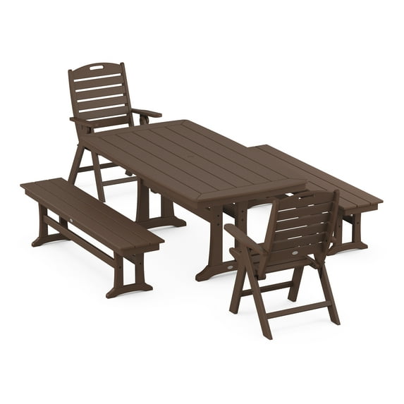 POLYWOOD Nautical Folding Highback Chair 5-Piece Dining Set with Trestle Legs and Benches in Mahogany