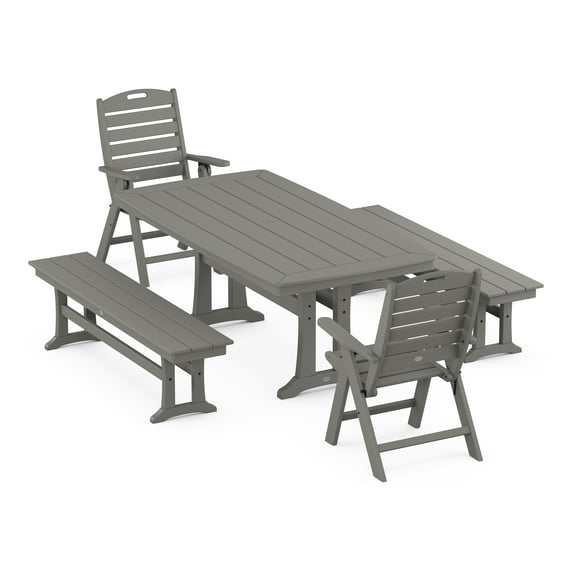 POLYWOOD Nautical Folding Highback Chair 5-Piece Dining Set with Trestle Legs and Benches in Slate Grey