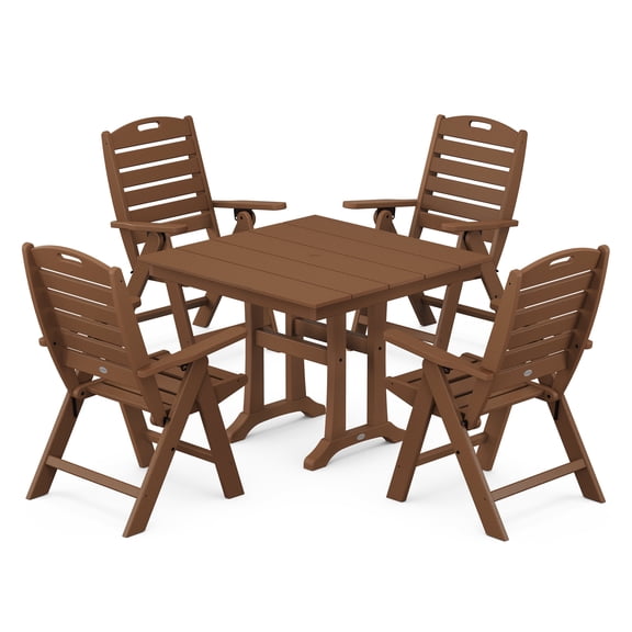 POLYWOOD Nautical Highback 5-Piece Farmhouse Trestle Dining Set in Teak