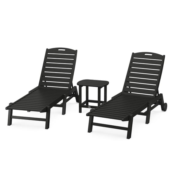 POLYWOOD Nautical Plastic Adjustable Back and Wheels on Back Legs Chaise Lounge - Set of 3 Black