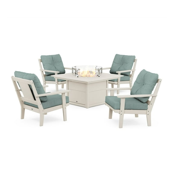 POLYWOOD® Prairie 5-Piece Deep Seating Set with Fire Pit Table in Sand / Glacier Spa