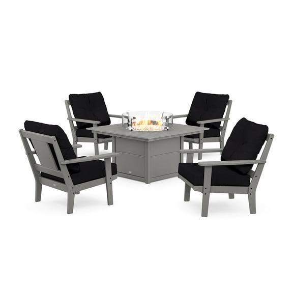 POLYWOOD Prairie 5-Piece Deep Seating Set with Fire Pit Table in Slate Grey / Midnight Linen