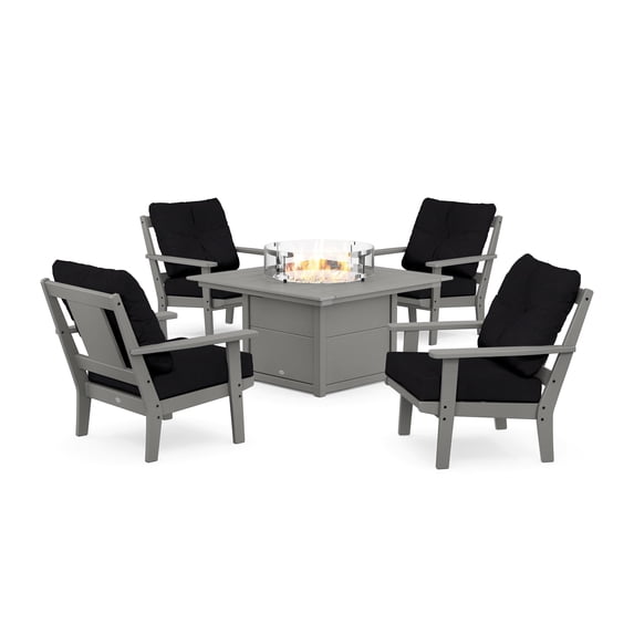 POLYWOOD® Prairie 5-Piece Deep Seating Set with Fire Pit Table in Slate Grey / Midnight Linen