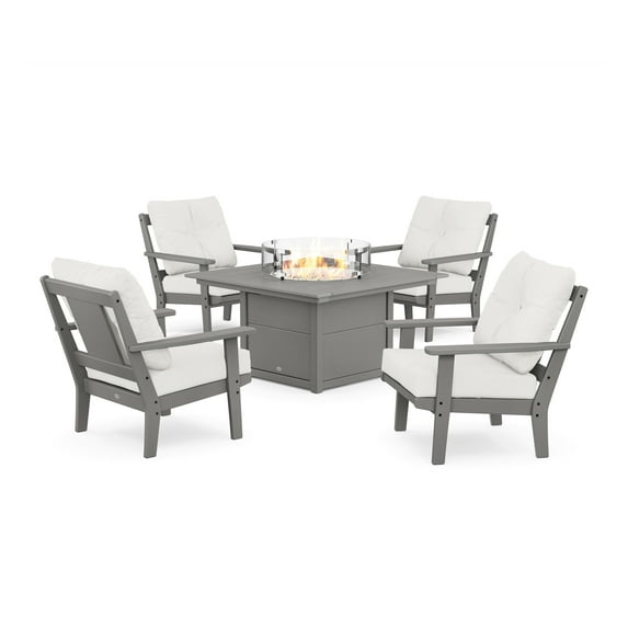 POLYWOOD® Prairie 5-Piece Deep Seating Set with Fire Pit Table in Slate Grey / Natural Linen