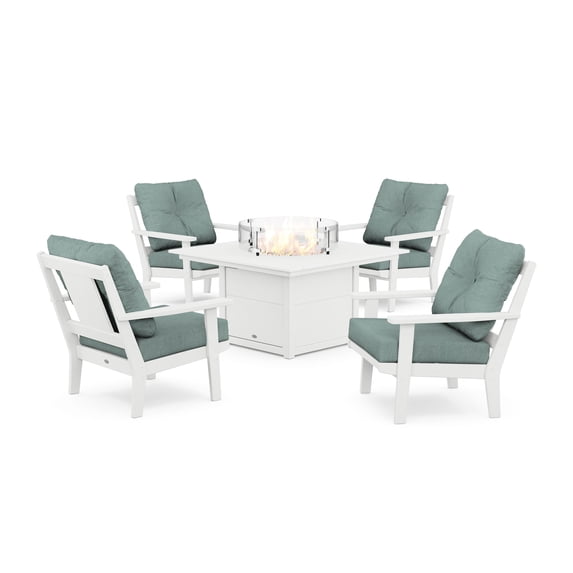 POLYWOOD® Prairie 5-Piece Deep Seating Set with Fire Pit Table in White / Glacier Spa
