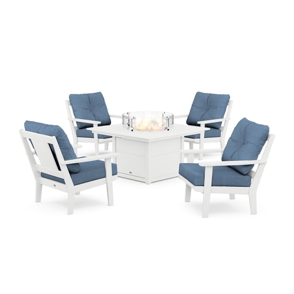 POLYWOOD® Prairie 5-Piece Deep Seating Set with Fire Pit Table in White / Sky Blue
