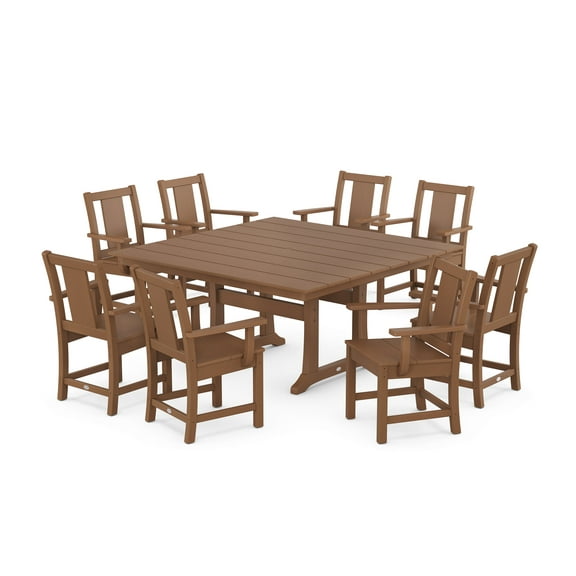 POLYWOOD Prairie 9-Piece Square Farmhouse Dining Set with Trestle Legs in Teak