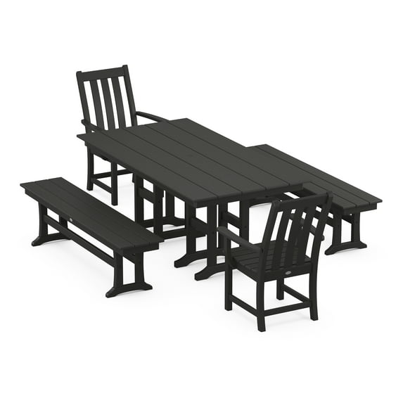 POLYWOOD Vineyard 5-Piece Farmhouse Dining Set with Benches in Black