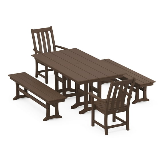 POLYWOOD Vineyard 5-Piece Farmhouse Dining Set with Benches in Mahogany