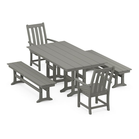 POLYWOOD Vineyard 5-Piece Farmhouse Dining Set with Benches in Slate Grey