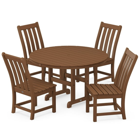POLYWOOD Vineyard 5-Piece Round Farmhouse Side Chair Dining Set in Teak