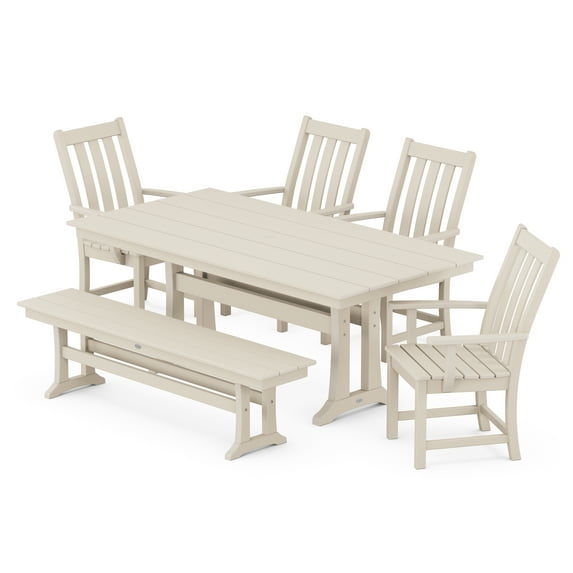 POLYWOOD Vineyard 6-Piece Arm Chair Farmhouse Dining Set with Trestle Legs and Bench in Sand