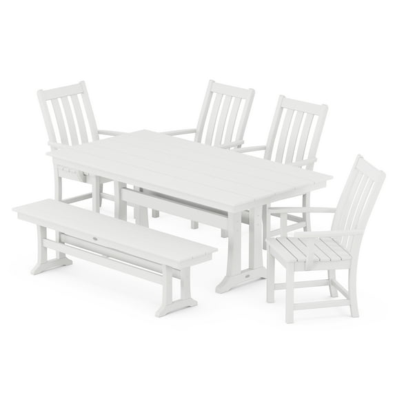 POLYWOOD Vineyard 6-Piece Arm Chair Farmhouse Dining Set with Trestle Legs and Bench in White