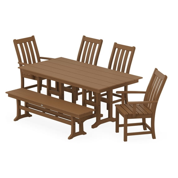 POLYWOOD Vineyard 6-Piece Farmhouse Dining Set with Bench in Teak