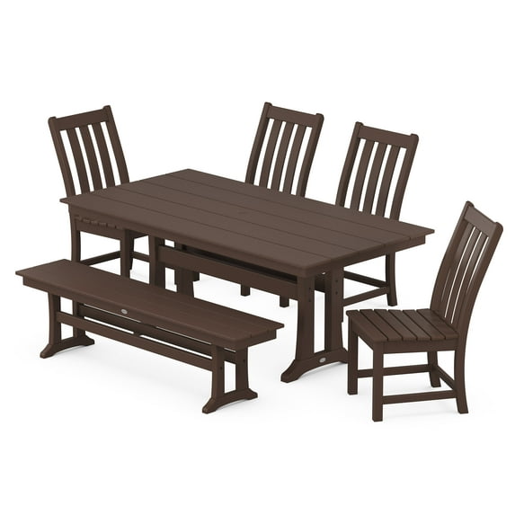 POLYWOOD Vineyard Side Chair 6-Piece Farmhouse Dining Set with Trestle Legs and Bench in Mahogany