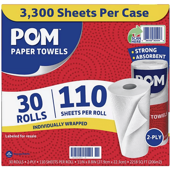 POM Individually Wrapped 2-Ply Paper Towels 30 rolls, 110 sheets/roll