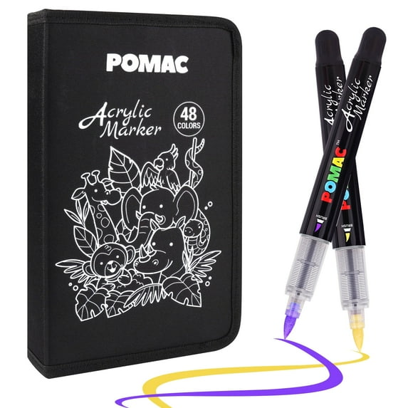 POMAC 48 Colors Acrylic Paint Markers, Water-Based Acrylic Pens Brush Tip, Art Drawing Liquid Paint Pens for Fabric, Canvas, Rock, Glass, Wood, Paper, DIY Crafts and Art Supplies