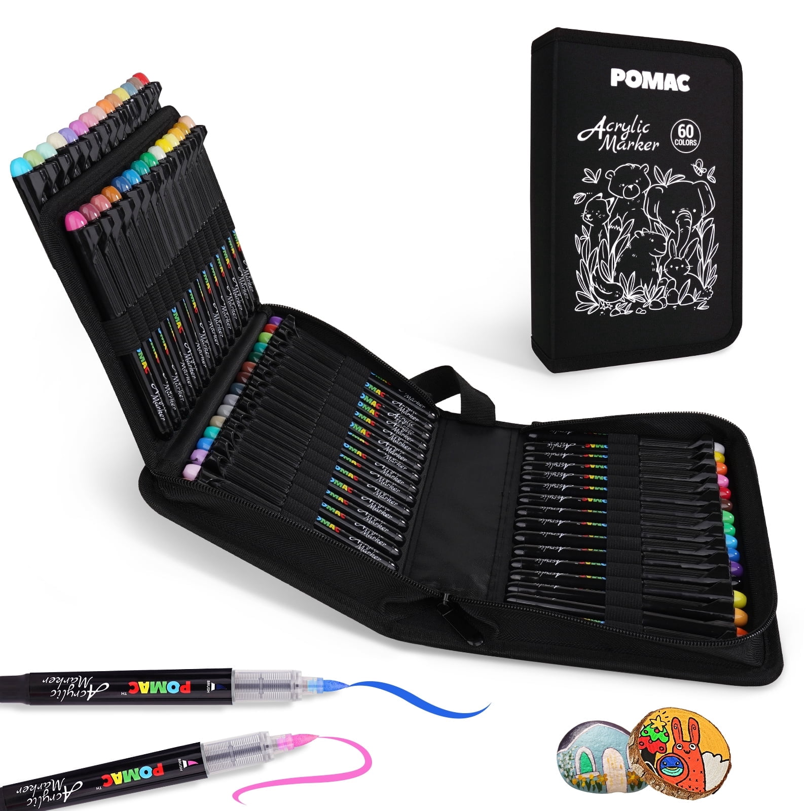 POMAC 60 Colors Acrylic Paint Markers, Water-Based Acrylic Pens Brush Tip, Art Drawing Liquid Paint Pens for Fabric, Canvas, Rock, Glass, Wood, Paper, DIY Crafts and Art Supplies