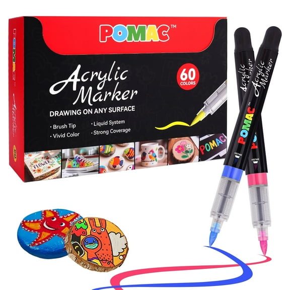 POMAC 60 Colors Acrylic Paint Markers, Water-Based Acrylic Pens Brush Tip, Art Drawing Liquid Paint Pens for Fabric, Canvas, Rock, Glass, Wood, Paper, DIY Crafts and Art Supplies