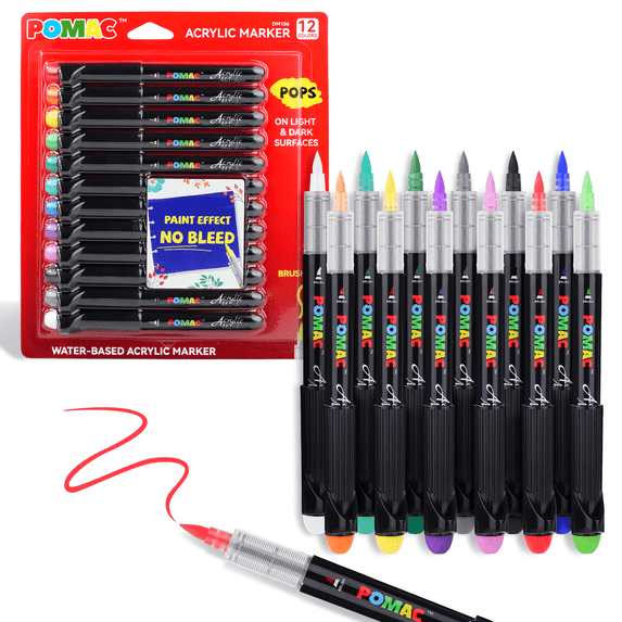 POMAC Acrylic Paint Markers Brush Tip, 12 Assorted Colors Art Drawing Pens Liquid Paint Marker Waterproof, Water-Based Acrylic Markers for Fabric, Canvas, Rock, Glass, Wood, DIY Crafts, Art Supplies