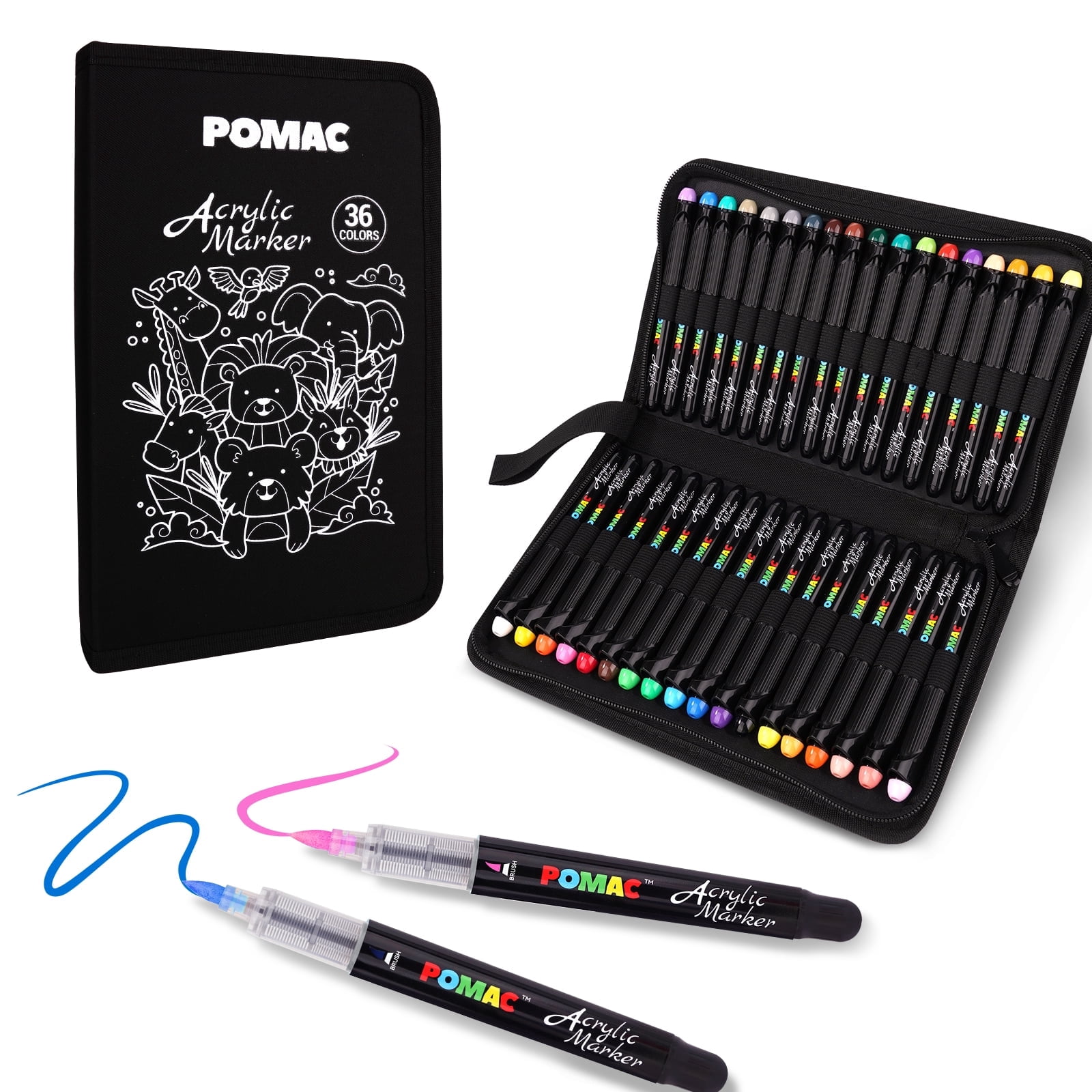 POMAC Acrylic Paint Markers Pens Brush Tip, 36 Assorted Colors Drawing Liquid Paint Marker Waterproof, Water-Based Acrylic Markers for Fabric, Canvas, Rock, Glass, Wood, DIY Crafts and Art Supplies
