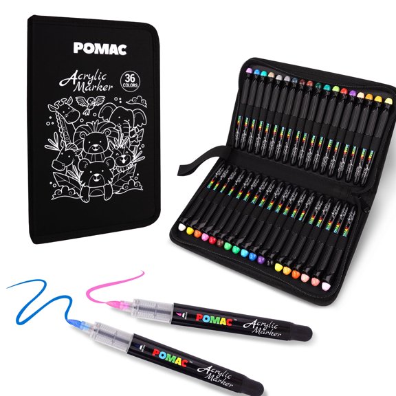POMAC Acrylic Paint Markers Pens Brush Tip, 36 Assorted Colors Drawing Liquid Paint Marker Waterproof, Water-Based Acrylic Markers for Fabric, Canvas, Rock, Glass, Wood, DIY Crafts and Art Supplies