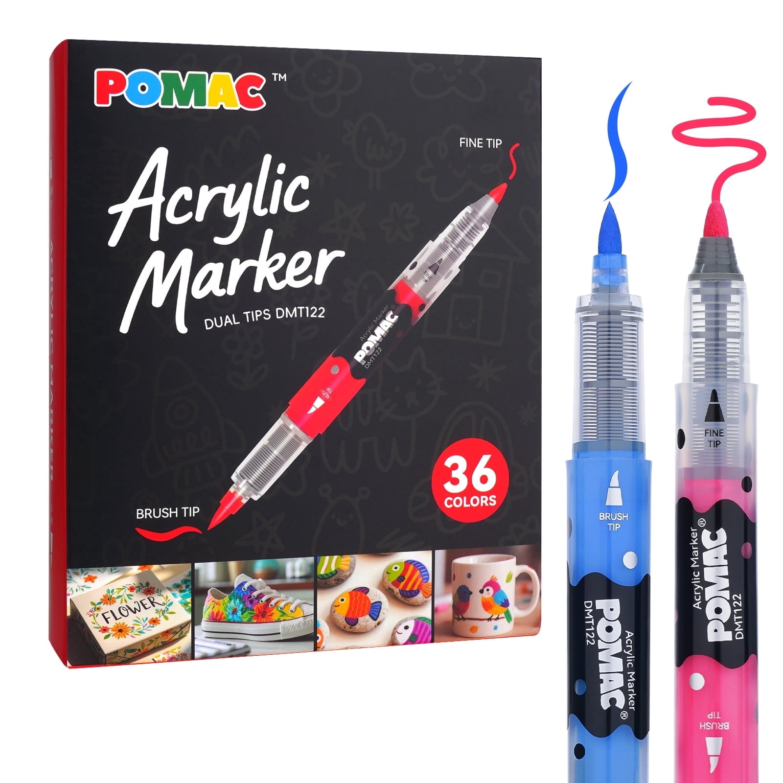 POMAC Dual Tip Acrylic Paint Markers Pens 36  Assorted Colors, Direct Liquid Acrylic Marker with Brush & Fine Tip, Water-Based Paint Marker for Fabric, Canvas, Rock, Glass, Wood, Crafts, Art Supplies