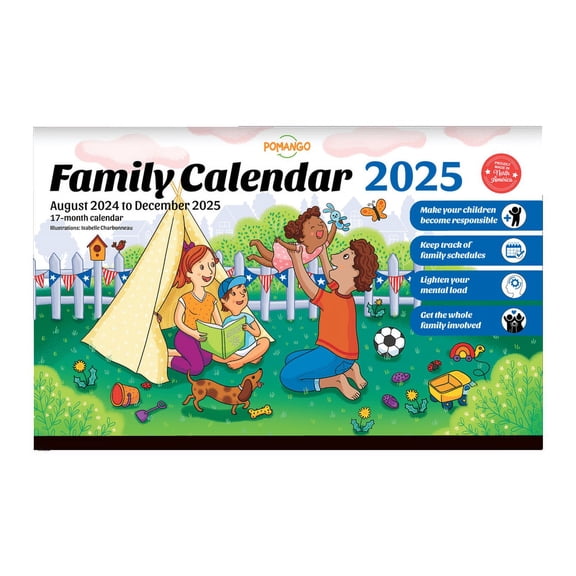 POMANGO 2025 Family Calendar - English | 17 Months Family Planner: August 2024 to December 2025 | 15'' x 9.5'' - Magnetic Strip - 600 Stickers - Notepad - 2024-2025 Edition