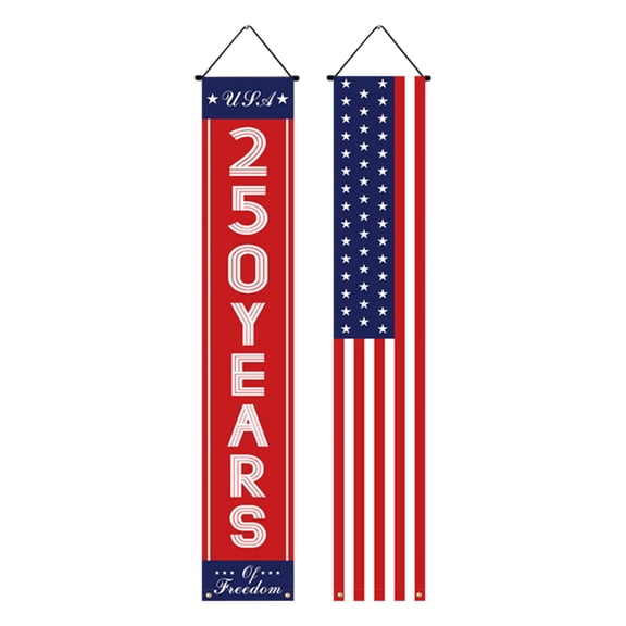 POMOMOP 2 Pcs Patriotic Porch Banner Set 71 Inch, Red Background 250 Years Patriotic 250th Anniversary Door Sign, for 4th of July Independence Day Front Door Outdoor Patriotic Decoration