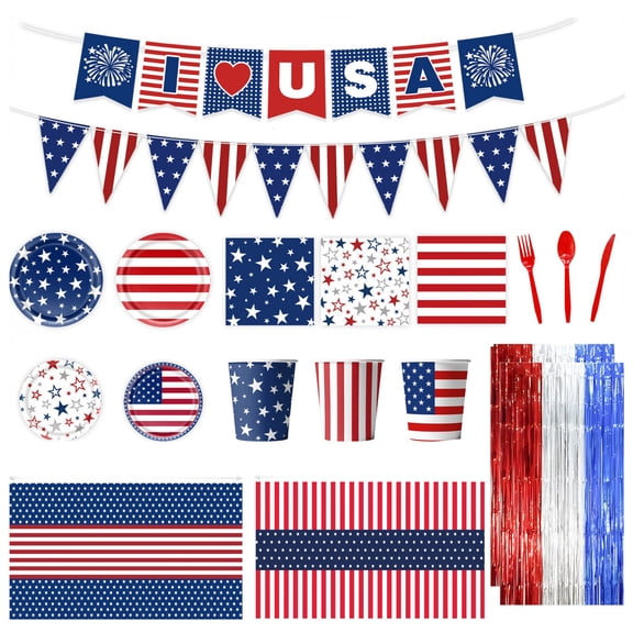 POMOMOP 4th of July Party Celebration Patriotic Decorations Set, Red White and Blue Tableware Napkins Tablecloth, for National Day Independence Day 250th Anniversary Veterans Theme Party