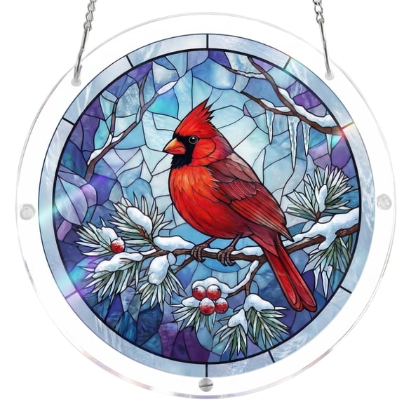 POMOMOP Acrylic Puzzle Suncatcher 7.5 Inch, Blue Ice Branch With Red Bird Stained Glass Style Window Hanging, Artistic Nature Themed Wall Decor For Home Indoor Porch Ornament