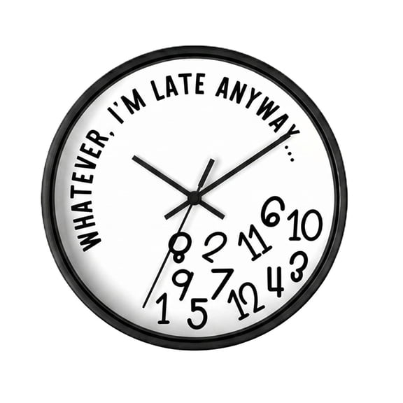 POMOMOP Funny Sarcastic Wall Clock 12 Inch, Novelty Gag Clock with WHATEVER I'M LATE ANYWAY Lettering, Modern Minimalist Round Wooden Clock for Home Office Living Room Bedroom Gift Decor