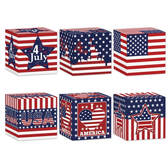 POMOMOP Patriotic Treat Boxes 2.8 Inch 6 Pc, Red White and Blue American Flag Star Pattern, Independence Day 4th of July Holiday Party Square Paper Gift Candy Decor Boxes
