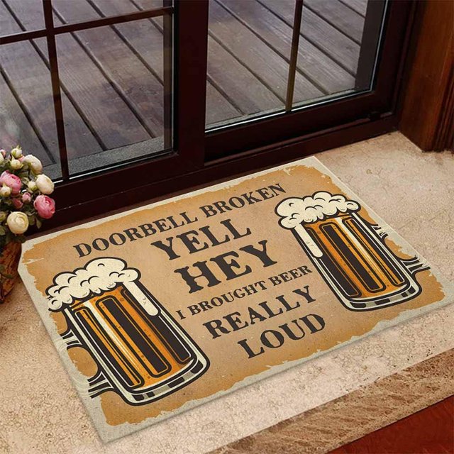 POMOTER Doorbell Broken Yell Hey Beer Doormat,Beer Lovers Home Decorative Doormat 36X24