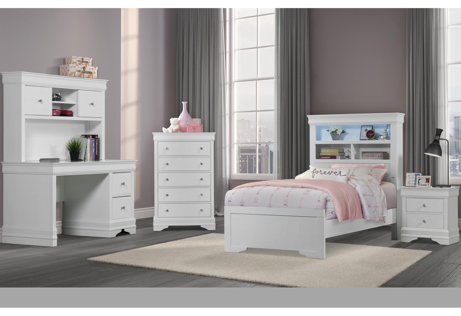 POMPEI METALLIC WHITE BOOKCASE TWIN BED WITH DESK AND HUTCH, NIGHTSTAND AND CHEST