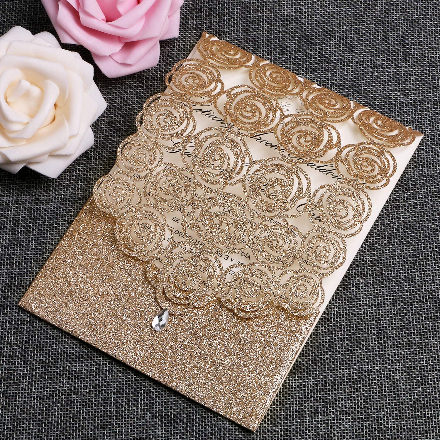 50 Pcs Rose Gold Glitter Favor Boxes With Pink Ribbons - Wedding, Party, Candy Gift Boxes