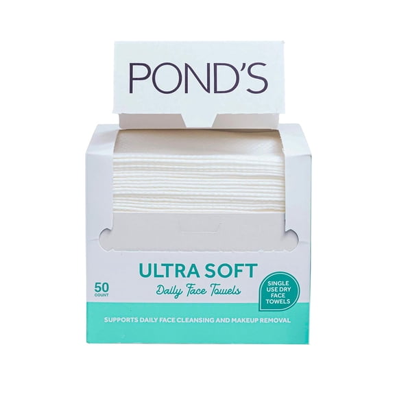 PONDS Ultra Soft Dry Face Towels, 50 Count, Biobased Disposable Wipes for Makeup Removal, Gently Exfoliating, Durable and Gentle for Sensitive Skin