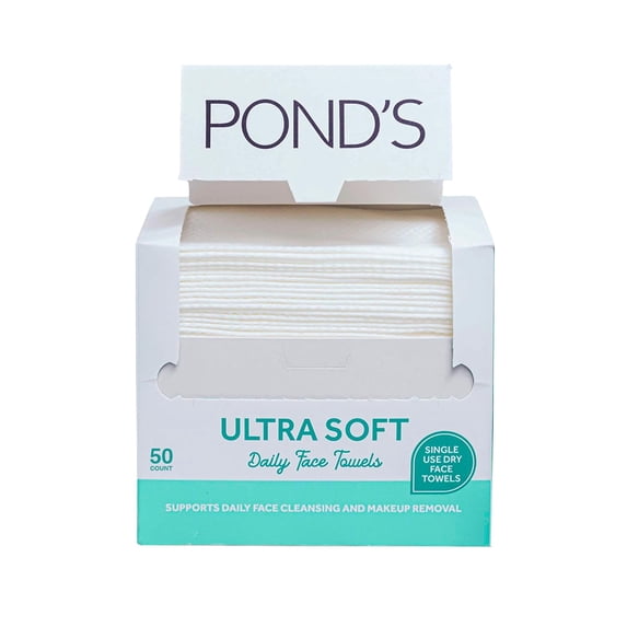POND’S Ultra Soft Dry Face Towels, 50 Count, Biobased Disposable Wipes for Makeup Removal, Gently Exfoliating, Durable and Gentle for Sensitive Skin