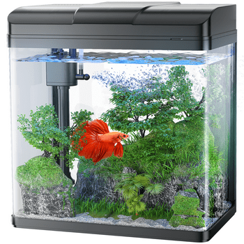 PONDON Fish Tank, 1.7 Gallon Glass Aquarium with Air Pump & LED Light & Filter, Small Fish Tank for Betta Fish Starter Kit (Black)