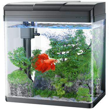 PONDON Fish Tank, 1.7 Gallon Glass Aquarium with Air Pump & LED Light & Filter, Small Fish Tank for Betta Fish Starter Kit (Black)