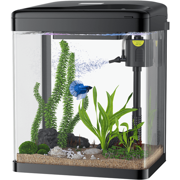 PONDON Fish Tank, 2 Gallon Glass Aquarium, 3 in 1 Fish Tank with Filter and Light, Desktop Small Fish Tank for Betta Fish, Shrimp, Goldfish (Black, 2 Gallon)