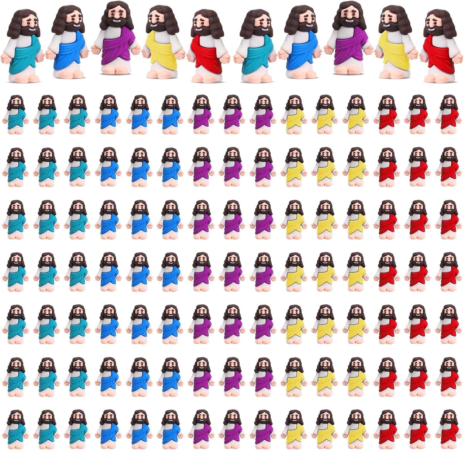 PONGUI 100Pcs Little Jesus Figures, Jesus Toys, Original Design Mini Rubber Jesus Figures to Hide and Seek Religious Party Favors Sunday Craft Baptism Gifts for Easter Egg Stuffers (Multicolor)