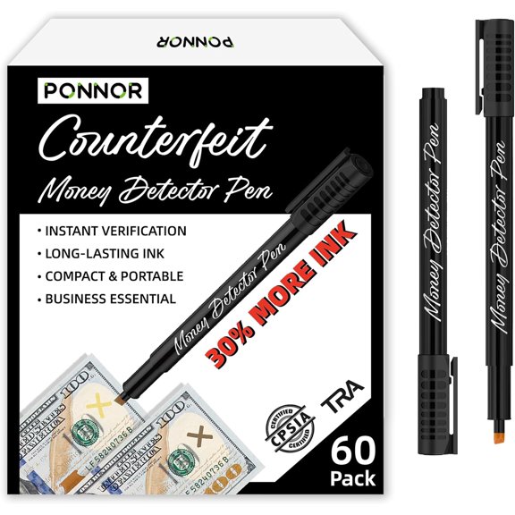 PONNOR Counterfeit Money Detector Pen (60 Pack) Bill Marker Universal False Currency Checker Cash Tester with 30% More Ink with Upgraded Chisel Tip for Personal & Commercial Use