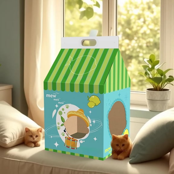 PONPRNGY 1 Pack Cardboard Houses with Scratcher, Hideaway Playhouse, Kitty Scratching Beds for Indoors, Milk Box Furniture Condo Cave Tent for Bunny Small Animals