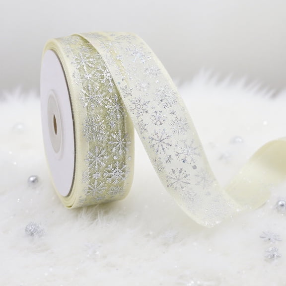 PONPRNGY 1 Roll Snowflake Ribbon, Nylon Fibre Thin Christmas Ribbon Silver Snow Christmas Wrapping Ribbon for Christmas Tree Decoration Gift Package Garland