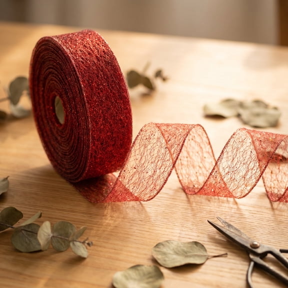PONPRNGY 1 Roll Sparkling Glitter Mesh Wired Ribbon 80" Red for Christmas Home Decor Bow Gift Wrapping DIY Crafts Wreath