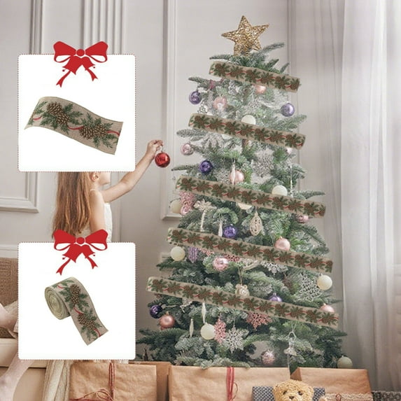 PONPRNGY 1 Roll Vintage Christmas Ribbon - Christmas Tree Wired Edging Ribbons, Rustic Holiday Decor for Tree, Wreath, Bow,Gifts, Crafts, Home Decor