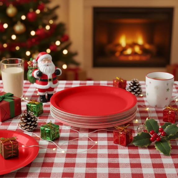 PONPRNGY 10Pcs Paper Plates, Red Heavy Duty Party Plates, Round 9 Inches Disposable Paper Dinner Plates, Everyday Use Plates Set for Daily Meals Wedding Christmas Picnic Supplies